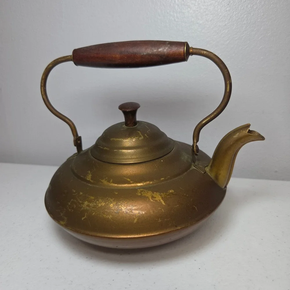 Vintage Revere Ware Copper Tea‎ Kettle Brass Handle Wood Grip 6 Cup 8X6